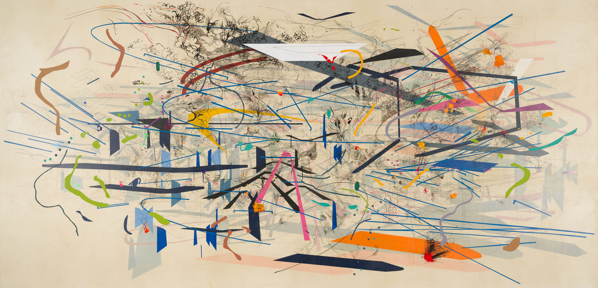 An abstract painting with geometric shapes and swirls of color on a beige background
